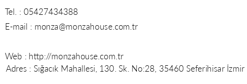 Sack Monza House Otel telefon numaralar, faks, e-mail, posta adresi ve iletiim bilgileri